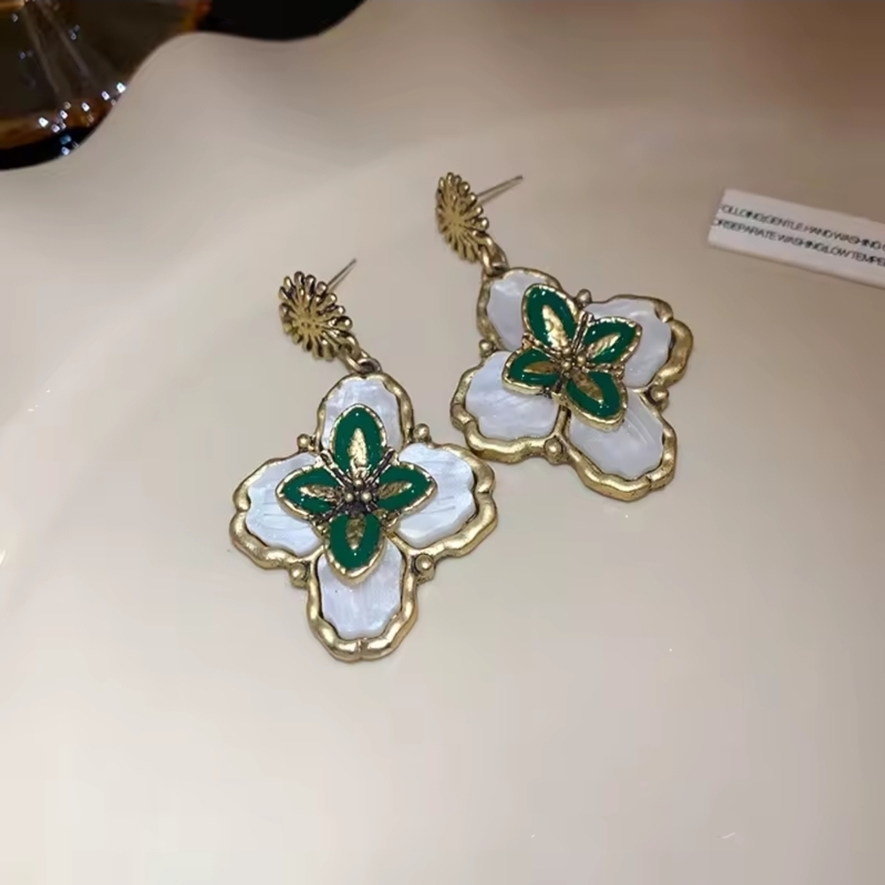 Vintage Gold & White Enamel Floral Drop Earrings with Green Accents - Picture 8 of 8